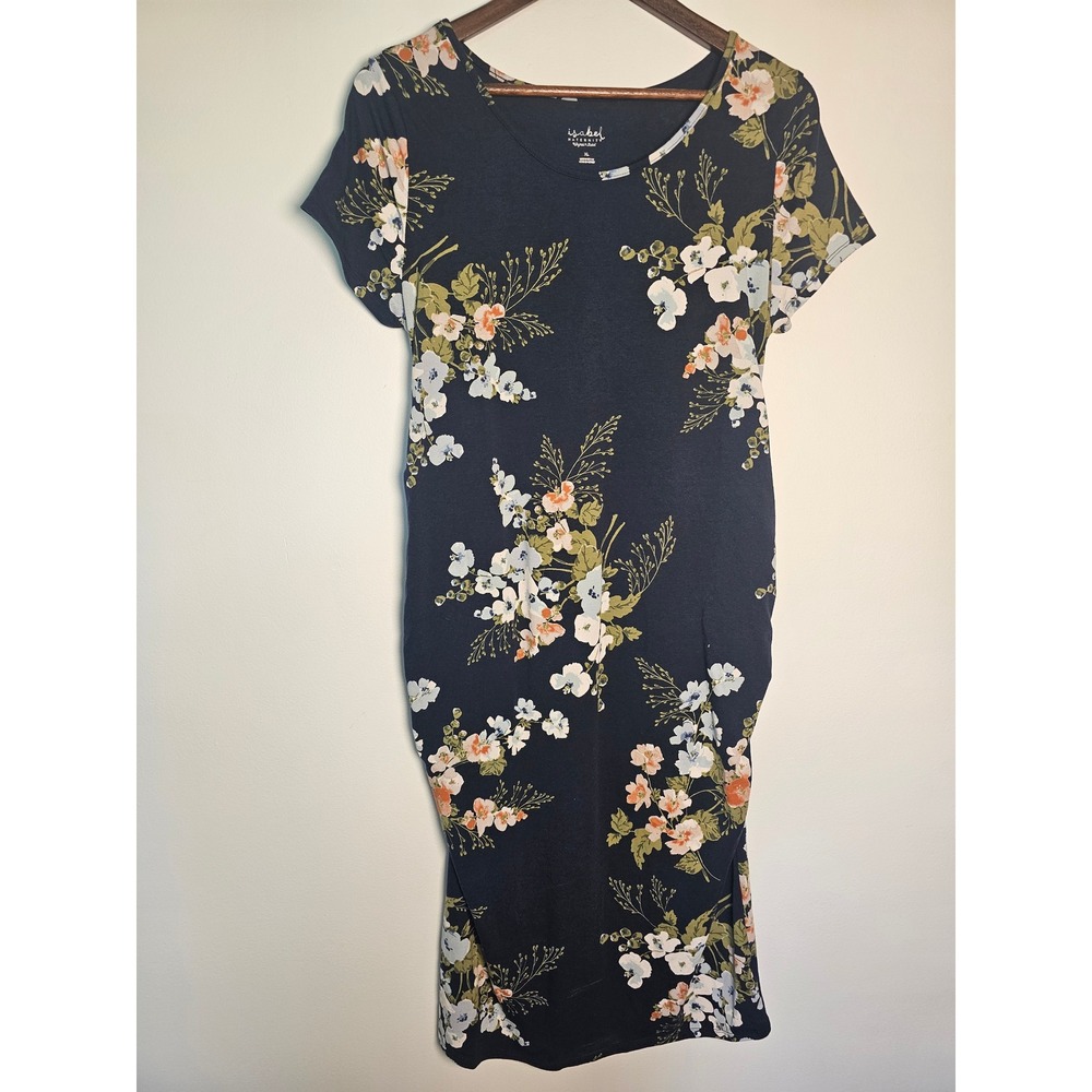 Floral Isabel Maternity Dress Womens XL Navy Blue Ruched Short Sleeve Bodycon
